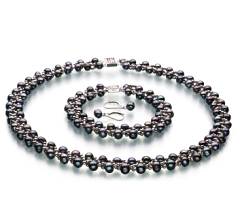 Conjunto de perlas Perla de Agua Dulce de calidad A de 6 a 7mm en color Negro