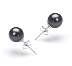 Par de pendientes de perlas Perla de Agua Dulce de calidad AAAA de 7 a 8mm en color Negro