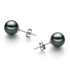 Par de pendientes de perlas Perla Tahití de calidad AAA de 8 a 9mm en color Negro