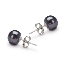 Par de pendientes de perlas Perla de Agua Dulce de calidad AA de 7 a 8mm en color Negro