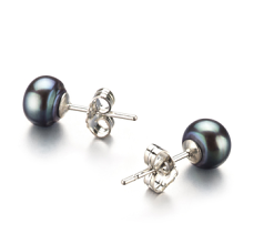 Par de pendientes de perlas Perla de Agua Dulce de calidad AA de 6 a 7mm en color Negro