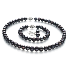 Conjunto de perlas Perla de Agua Dulce de calidad A de 8 a 9mm en color Negro