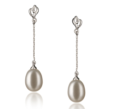 Par de pendientes de perlas Perla de Agua Dulce de calidad AA de 7 a 8mm en color Blanco