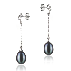 Par de pendientes de perlas Perla de Agua Dulce de calidad AA de 7 a 8mm en color Negro