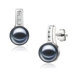 Par de pendientes de perlas Perla de Agua Dulce de calidad AAAA de 7 a 8mm en color Negro