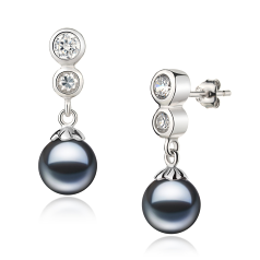 Par de pendientes de perlas Perla de Agua Dulce de calidad AAAA de 7 a 8mm en color Negro