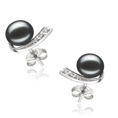 Par de pendientes de perlas Perla de Agua Dulce de calidad AA de 7 a 8mm en color Negro
