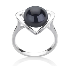 Anillo de perlas Perla de Agua Dulce de calidad AA de 9 a 10mm en color Negro