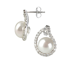 Par de pendientes de perlas Perla de Agua Dulce de calidad AA de 9 a 10mm en color Blanco