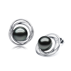 Par de pendientes de perlas Perla Tahití de calidad AAA de 9 a 10mm en color Negro