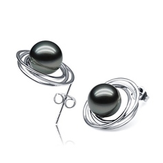 Par de pendientes de perlas Perla Tahití de calidad AAA de 9 a 10mm en color Negro