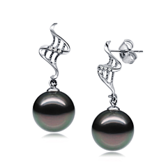 Par de pendientes de perlas Perla Tahití de calidad AAA de 9 a 10mm en color Negro
