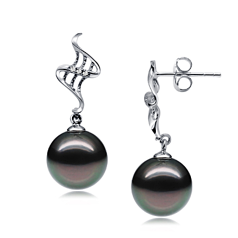 Par de pendientes de perlas Perla Tahití de calidad AAA de 9 a 10mm en color Negro