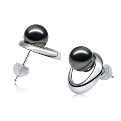 Par de pendientes de perlas Perla Tahití de calidad AAA de 9 a 10mm en color Negro