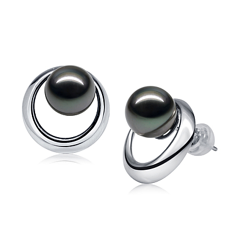 Par de pendientes de perlas Perla Tahití de calidad AAA de 9 a 10mm en color Negro
