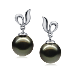 Par de pendientes de perlas Perla Tahití de calidad AAA de 9 a 10mm en color Negro