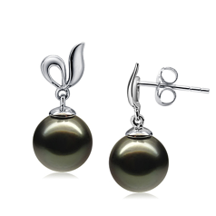 Par de pendientes de perlas Perla Tahití de calidad AAA de 9 a 10mm en color Negro