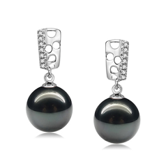 Par de pendientes de perlas Perla Tahití de calidad AAA de 9 a 10mm en color Negro