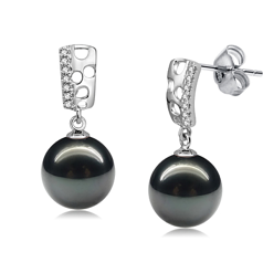 Par de pendientes de perlas Perla Tahití de calidad AAA de 9 a 10mm en color Negro