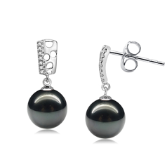 Par de pendientes de perlas Perla Tahití de calidad AAA de 9 a 10mm en color Negro