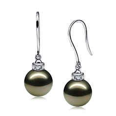 Par de pendientes de perlas Perla Tahití de calidad AAA de 9 a 10mm en color Negro