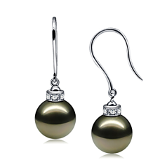 Par de pendientes de perlas Perla Tahití de calidad AAA de 9 a 10mm en color Negro
