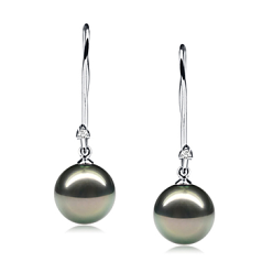 Par de pendientes de perlas Perla Tahití de calidad AAA de 9 a 10mm en color Negro