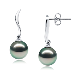 Par de pendientes de perlas Perla Tahití de calidad AAA de 9 a 10mm en color Negro
