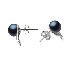Par de pendientes de perlas Perla de Agua Dulce de calidad AA de 7 a 8mm en color Negro