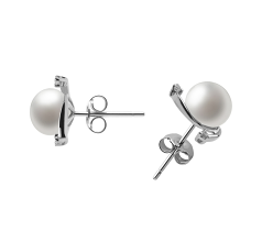 Par de pendientes de perlas Perla de Agua Dulce de calidad AA de 7 a 8mm en color Blanco