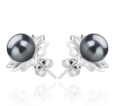Par de pendientes de perlas Perla de Agua Dulce de calidad AAAA de 7 a 8mm en color Negro