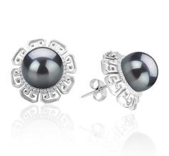 Par de pendientes de perlas Perla Tahití de calidad AAA de 9 a 10mm en color Negro
