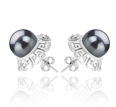 Par de pendientes de perlas Perla Tahití de calidad AAA de 9 a 10mm en color Negro