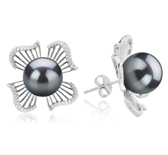Par de pendientes de perlas Perla Tahití de calidad AAA de 10 a 11mm en color Negro