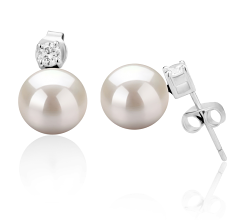 Par de pendientes de perlas Perla de Agua Dulce de calidad AAAA de 8 a 9mm en color Blanco