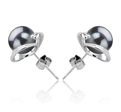 Par de pendientes de perlas Perla Tahití de calidad AAA de 8 a 9mm en color Negro