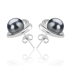 Par de pendientes de perlas Perla Tahití de calidad AAA de 8 a 9mm en color Negro