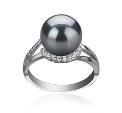 Anillo de perlas Perla Tahití de calidad AAA de 9 a 10mm en color Negro