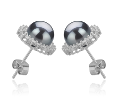 Par de pendientes de perlas Perla de Agua Dulce de calidad AAAA de 7 a 8mm en color Negro