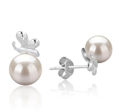 Par de pendientes de perlas Perla Akoya Japonesa de calidad AA de 7 a 8mm en color Blanco