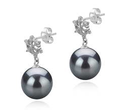 Par de pendientes de perlas Perla Tahití de calidad AAA de 10 a 11mm en color Negro