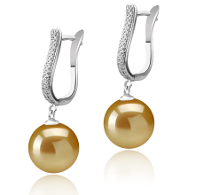 Par de pendientes de perlas Mar del Sur de calidad AAA de 10 a 11mm en color Oro