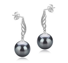 Par de pendientes de perlas Perla Tahití de calidad AAA de 9 a 10mm en color Negro