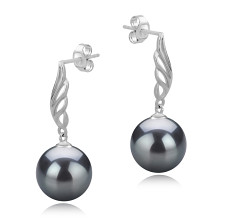 Par de pendientes de perlas Perla Tahití de calidad AAA de 9 a 10mm en color Negro