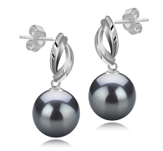 Par de pendientes de perlas Perla Tahití de calidad AAA de 9 a 10mm en color Negro