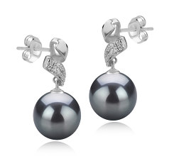 Par de pendientes de perlas Perla Tahití de calidad AAA de 9 a 10mm en color Negro