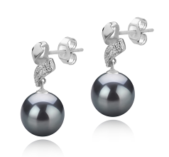 Par de pendientes de perlas Perla Tahití de calidad AAA de 9 a 10mm en color Negro