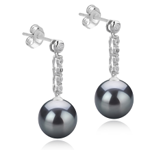 Par de pendientes de perlas Perla Tahití de calidad AAA de 9 a 10mm en color Negro