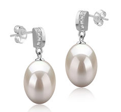 Par de pendientes de perlas Perla de Agua Dulce de calidad AAA de 9 a 10mm en color Blanco
