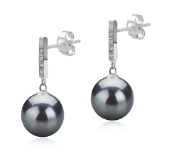 Par de pendientes de perlas Perla Tahití de calidad AAA de 9 a 10mm en color Negro